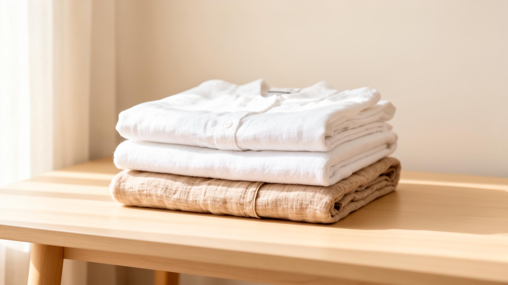Stack of freshly folded clean linens on a light wood table